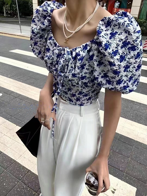 [Nancy] small fresh broken flower bubble sleeve short shirt ys3-11# WPL