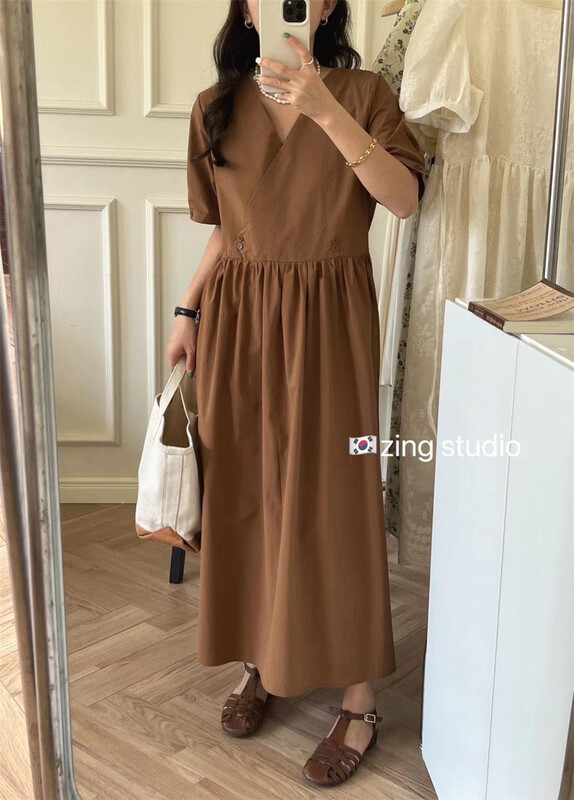 New in early summer! [zingstyle] Korean V-neck waist closing bubble sleeve dress w1315# HBx