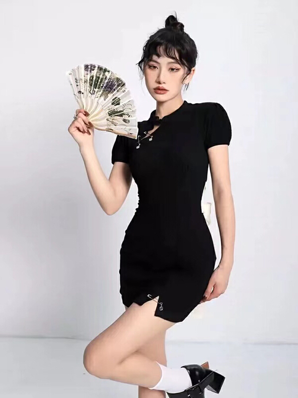 goods in stock! [fan fan] fashion temperament cheongsam design color matching dress (with Brooch) 5686# JJ