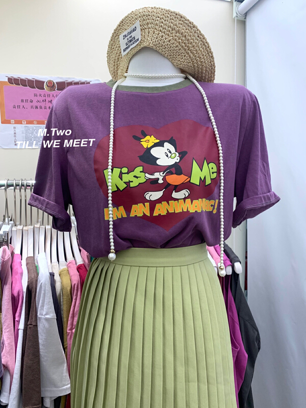 [m.two] Korean color contrast collar cartoon short sleeve T-shirt 77996# hyy