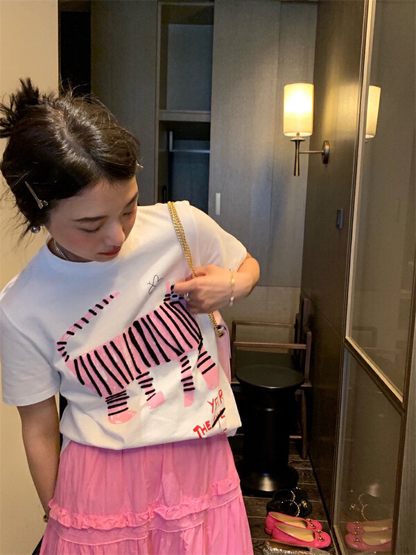 [wgwe] Korean sweet aging girl sense leopard cat print design sense short sleeve T-shirt 1836# PCZ