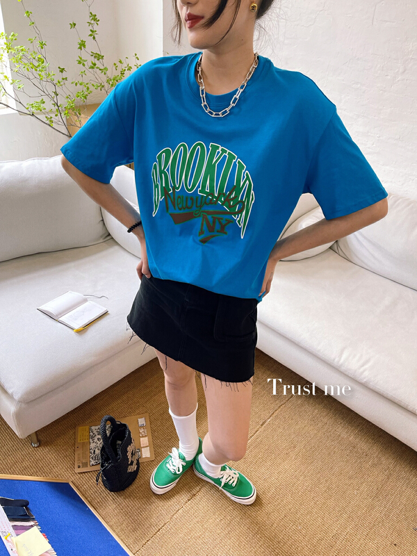 [trust me] lettered print crew neck loose short sleeve T-shirt 67560# ozq