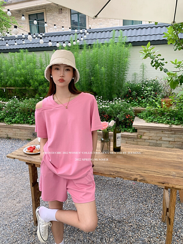 New in early summer! [teem ing] ins design sense short sleeve T-shirt + fashionable and comfortable Shorts Set (with waist rope) 22t188# hjy