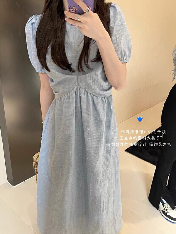 【WGWE】少女感泡泡袖肌理感褶皺圓領連衣裙  1323#  PCZ