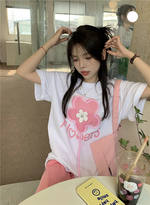 New in early summer! [dolly] simple and loose design printed round neck short sleeve T-shirt 4222# LSW