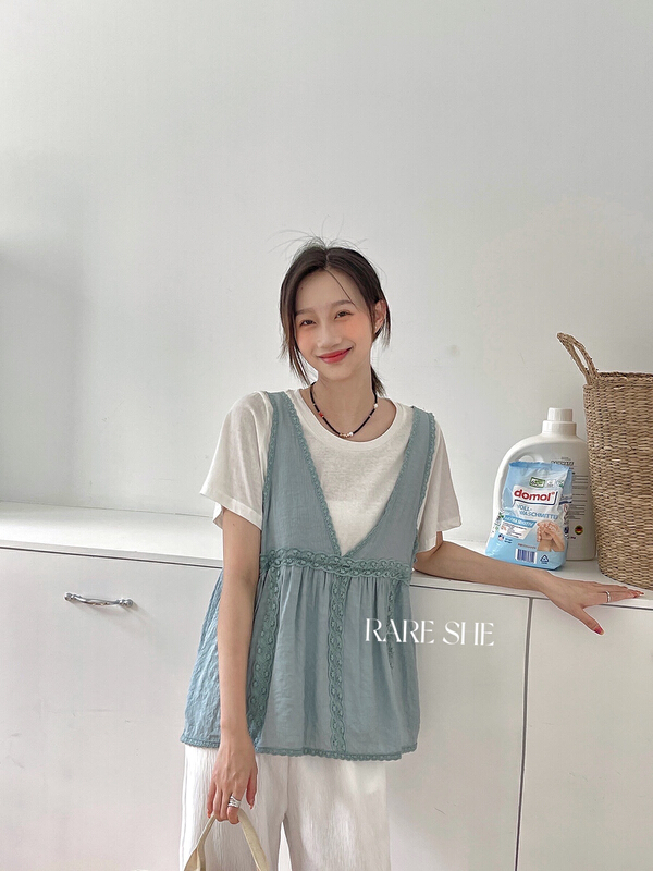 [rare she] solid Casual Short Sleeved T-shirt + sleeveless T-shirt outside two piece suit 5203# LSW