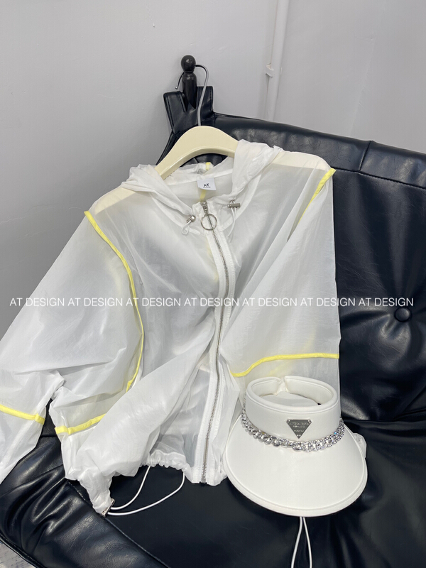 [at] contrast color striped hooded versatile sunscreen shirt 93156# LSL