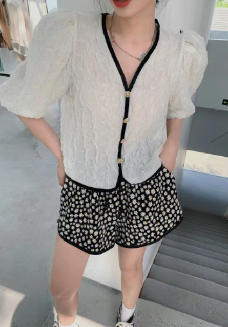 [only love] color stitched small fragrant chiffon shirt + slim casual Shorts Set 502# zxl