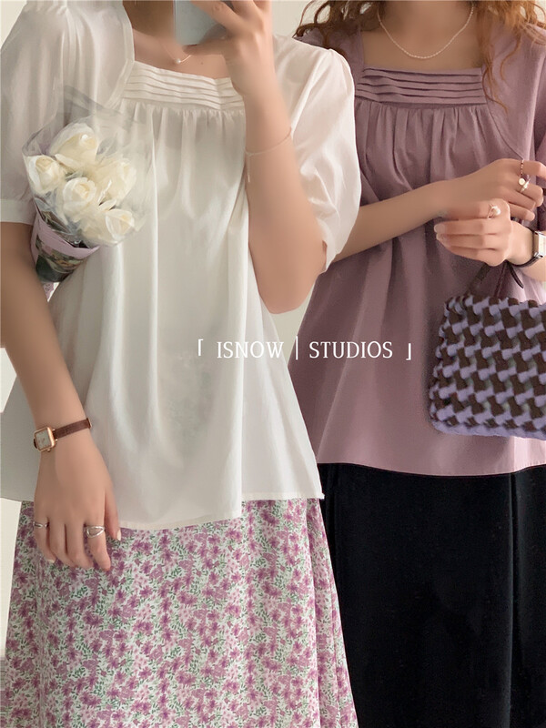 New in early summer! [I snow] French style square neck bubble sleeve shirt 222322# WPL