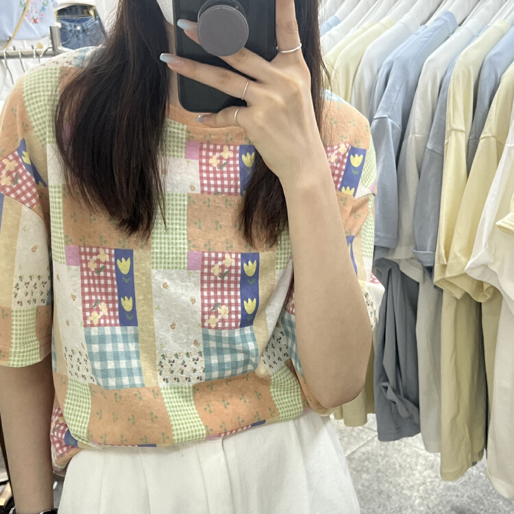 [Li Bai] Vintage Plaid Flower Port style versatile top short sleeve T-shirt 8189-1# ll