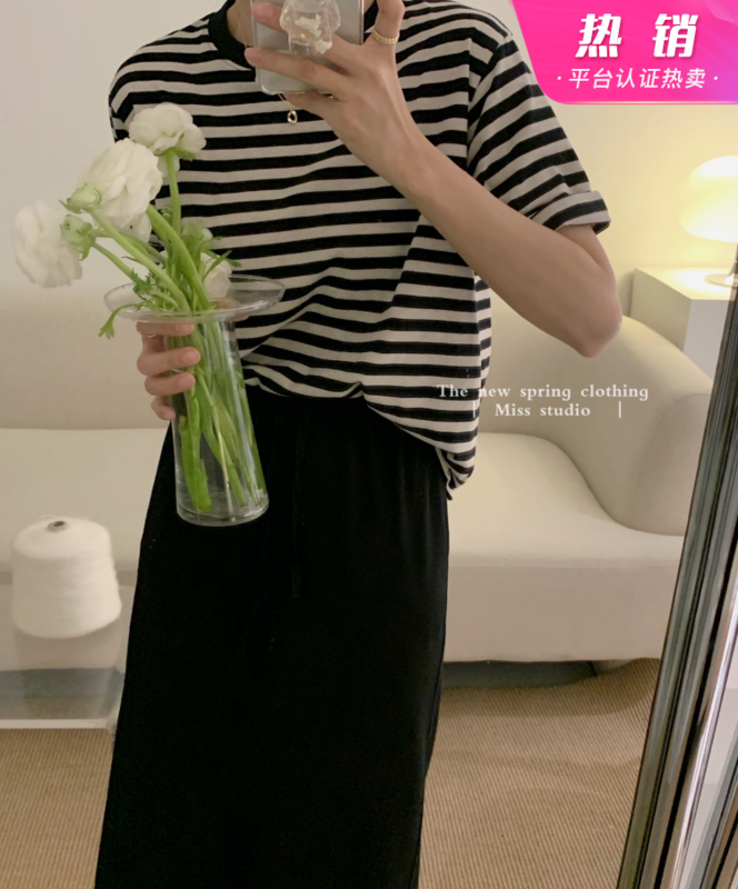 [miss miss home] loose stripe versatile short sleeve T-shirt 8y007# ZSY