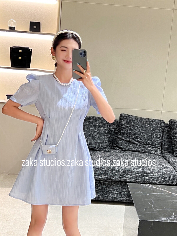 [Zaka] round neck bubble sleeve lady dress (with bag) l58270# L