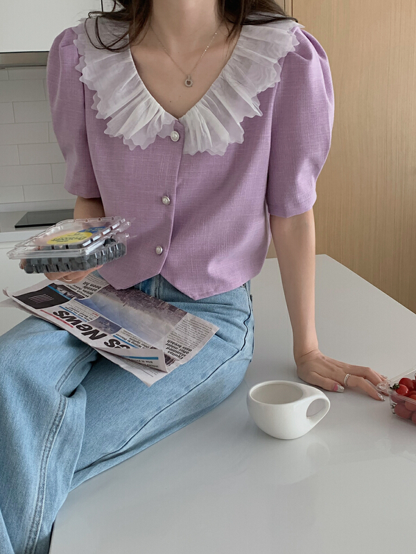 [Tammy] lace collar short style simple urban style Twilight cloud small shirt 63058# L