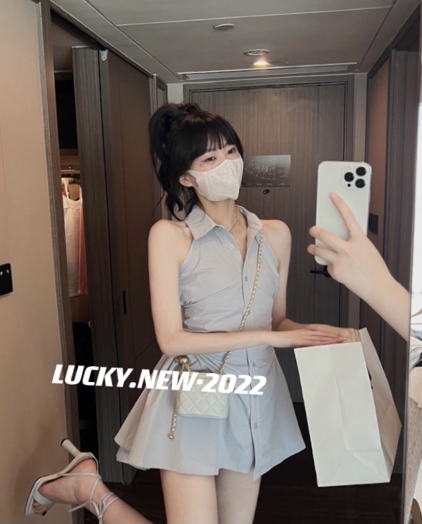 【LUCKY】掛脖甜美收腰百褶連衣裙  8770#  ZXX