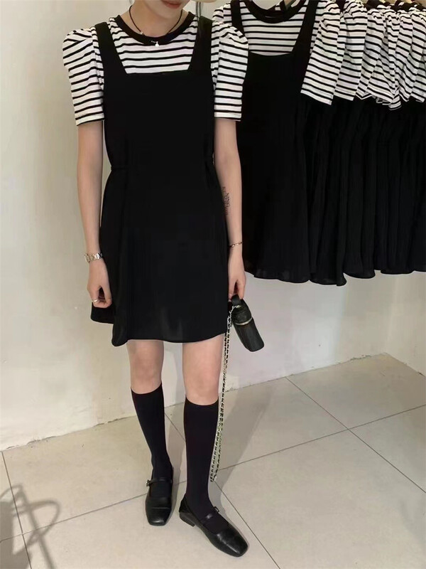 [Naikan Nik] crew neck stripe short sleeve T-shirt + solid dress two piece suit 9653-1# lwy