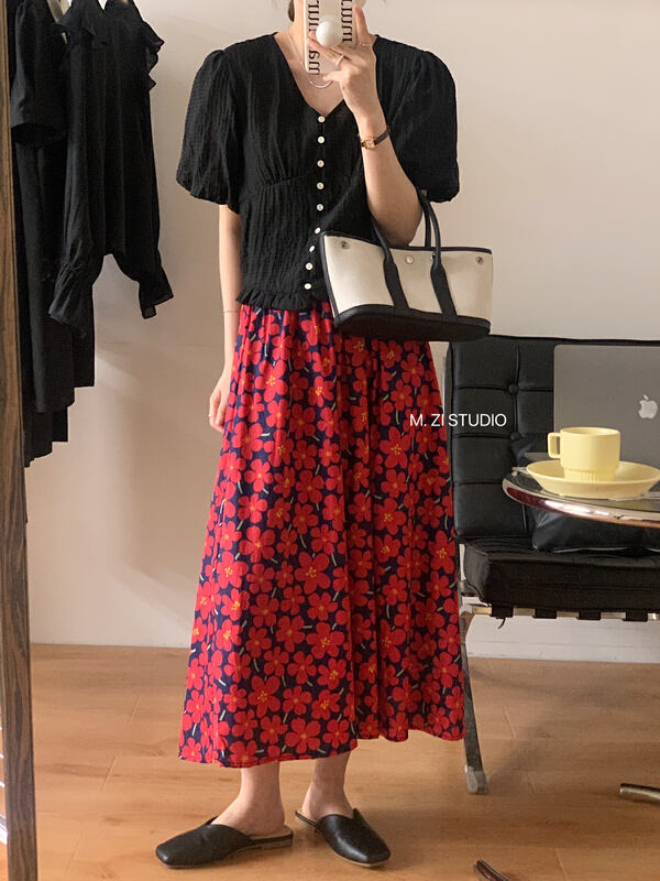 New in early summer! [m.zi studio] Korean elastic waist print medium length skirt 871# HBx