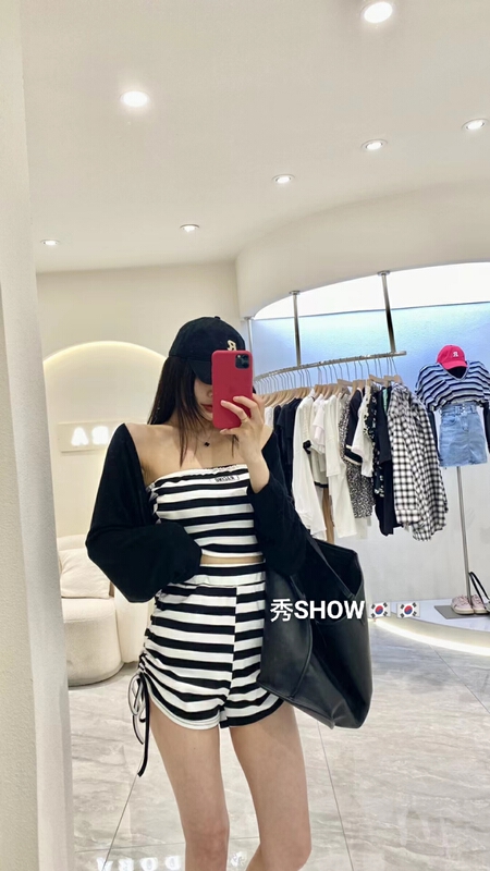 [show] striped label Strapless + drawstring casual Shorts Set (suit only) 88385# ozq