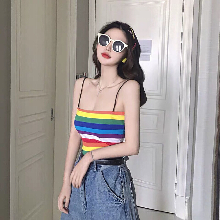 初夏上新!【XINYUANJIEYI新垣結衣】彩虹條紋撞色背心/吊帶  A768#  CL