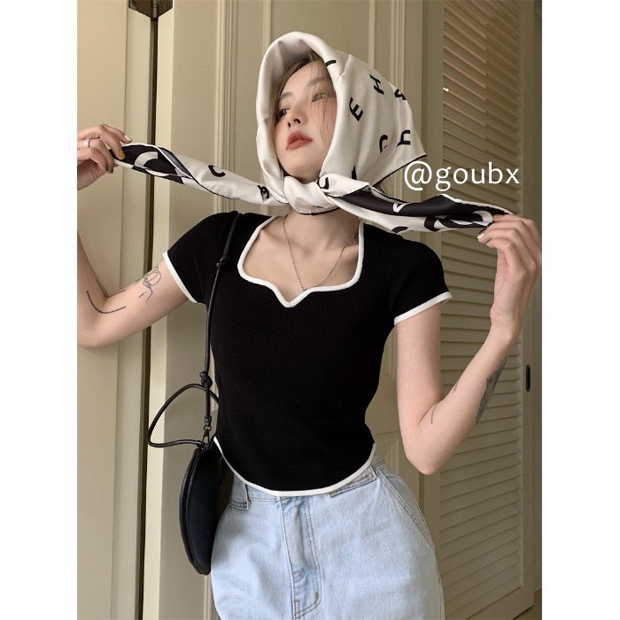[wgwe] Korean spicy girl irregular square neck design, slim and slim, short sleeve T-shirt 1695# PCZ