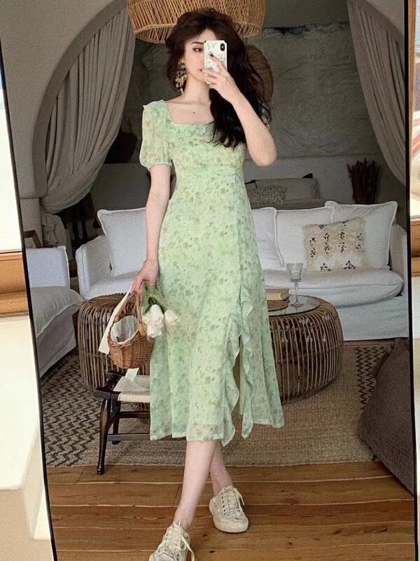 [are studio] French square neck floral slit dress 81191# zxx