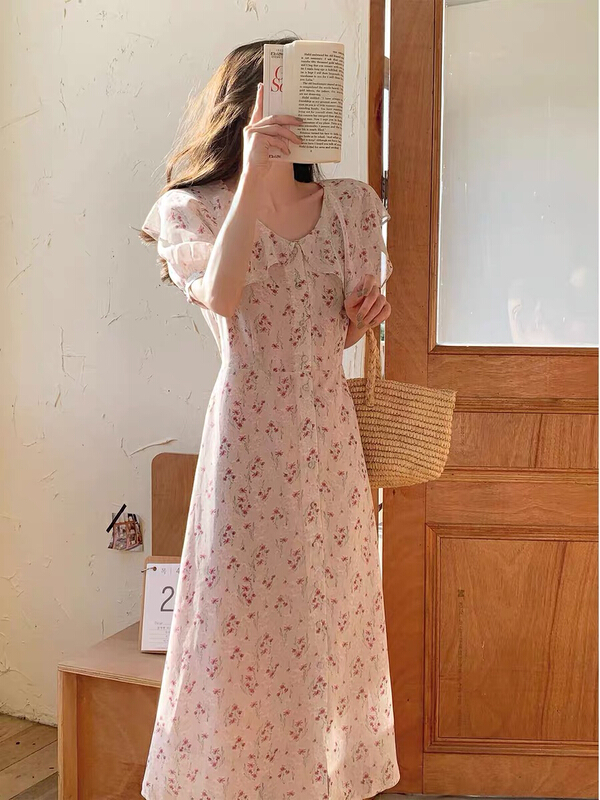 [by] broken Flower Chiffon first love French waist dress 5188# Cl