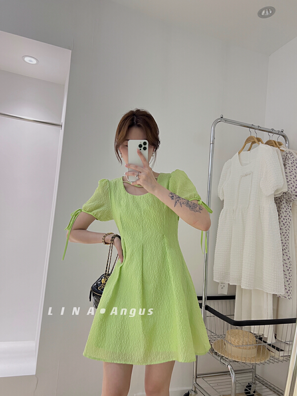 [Lina] square neckline, waist closed, slim and foreign dress (excluding necklace) 0138# hjy
