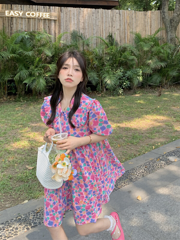 [timely rain] Han Feng ins sweet aging contrast color shell flower doll collar floral dress 55252# WPL