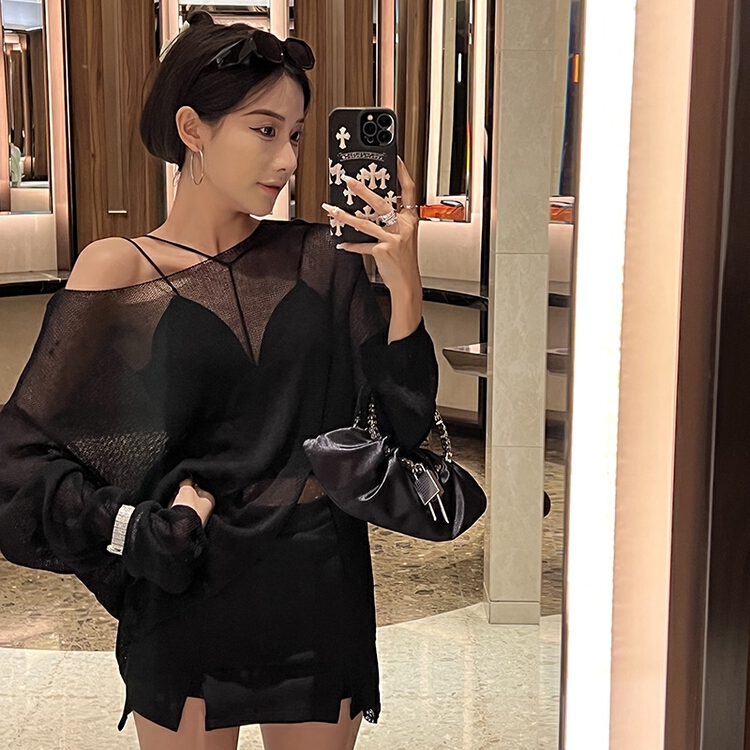[pan] Hong Kong Style Black Mesh sunscreen design sense split knit 00472# PCZ