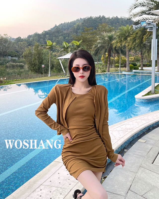 早春上新!【WOSHANG沃尚】氣質百搭短款開衫+同色系修身顯瘦褶皺背心套裝  1123#  XYJ