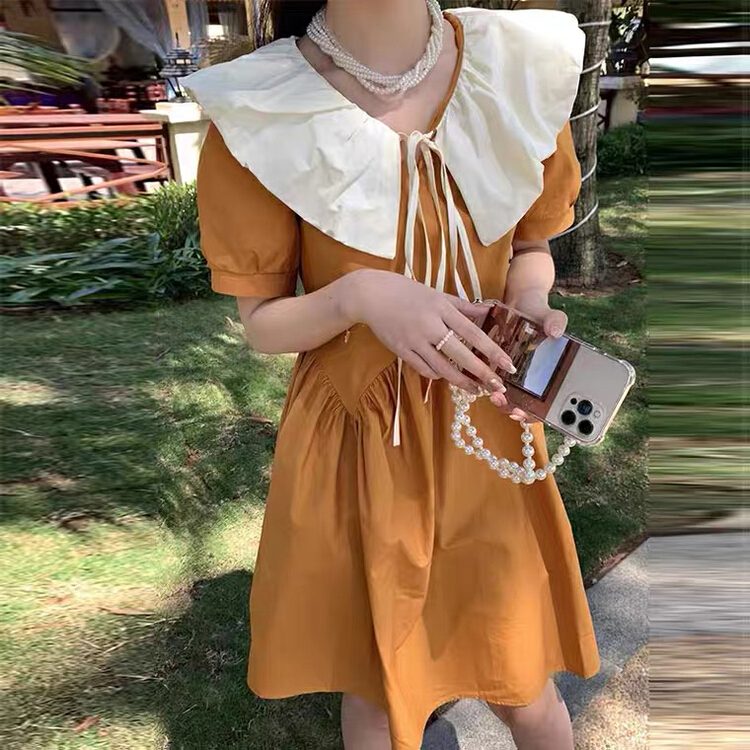 New in early summer! [L.L studio] Korean bubble sleeve contrast color doll neck dress 7448# PCZ