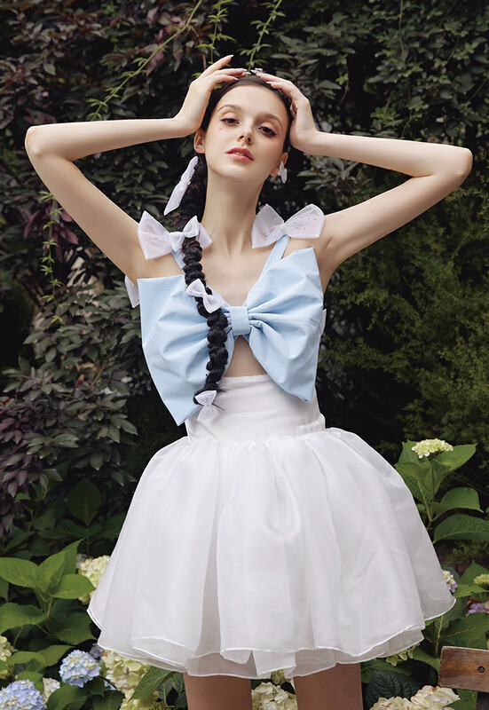 New in early summer! [AC] garden blue and white contrast bow puffy dress 6834# JJ