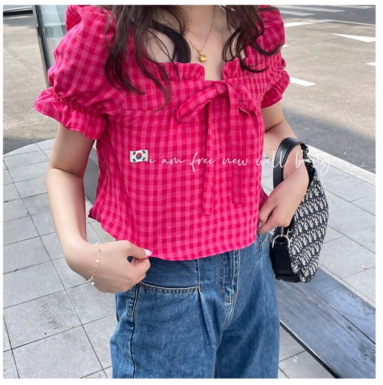 New in early summer! [free studio] Korean sweet bubble sleeve lace up blouse 2305# hjy