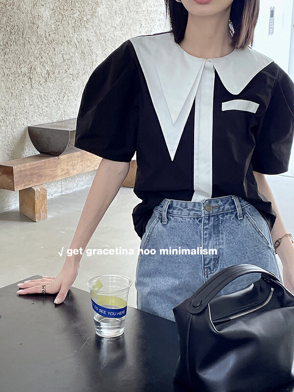 [gracetina Hoo] irregular doll collar contrast shirt cs6189# zxl