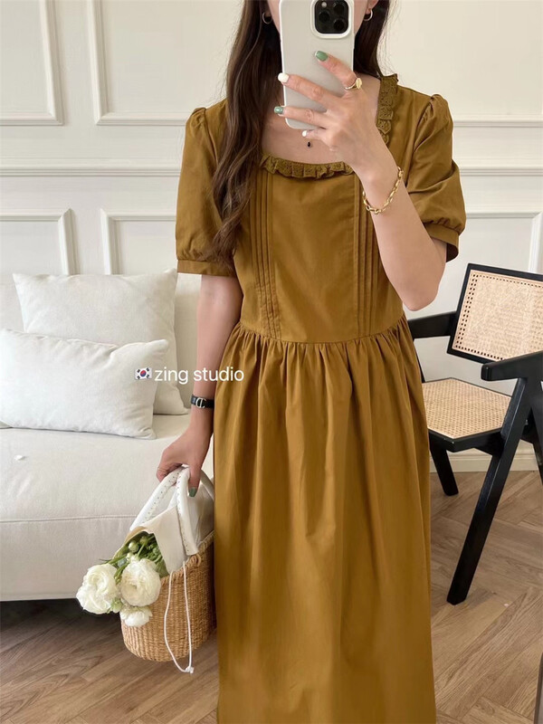 New in early summer! [zingstyle] Korean style square neck waist closing bubble sleeve dress w1162# HBx