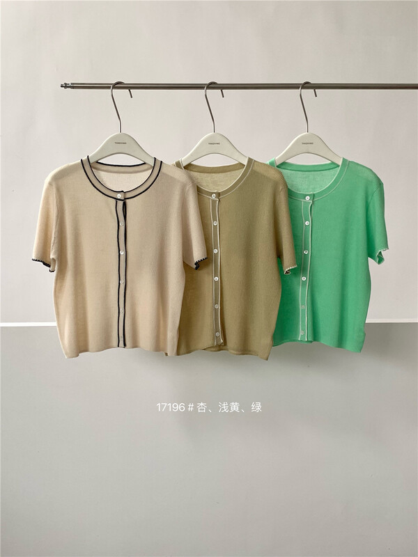 [T.G] Korean version color contrast edge short sleeve knitted cardigan 17196# cqw