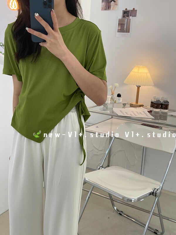New in early summer! [VI +] Korean casual drawstring short sleeve T-shirt 2386# LSW