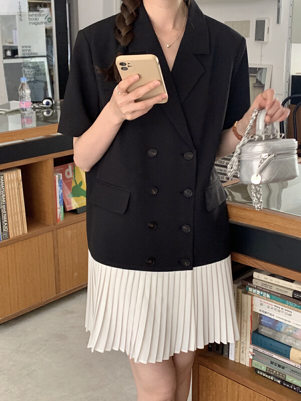 New in early summer! [T.G] temperament personality double breasted contrast Pleated Dress 17272# cqw