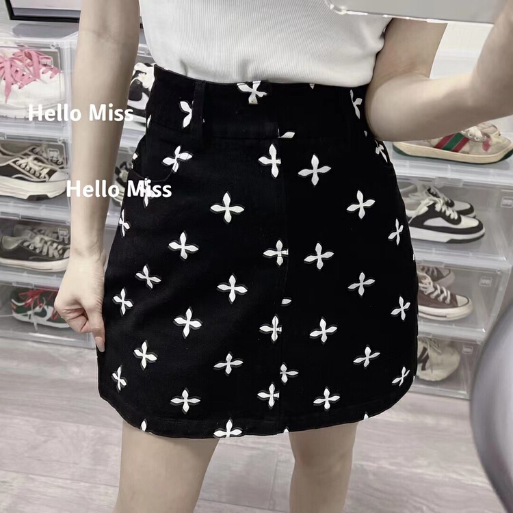 【HELLO MISS】韓版個性十字印花高腰A字牛仔半身裙  YS2-605#  PCZ