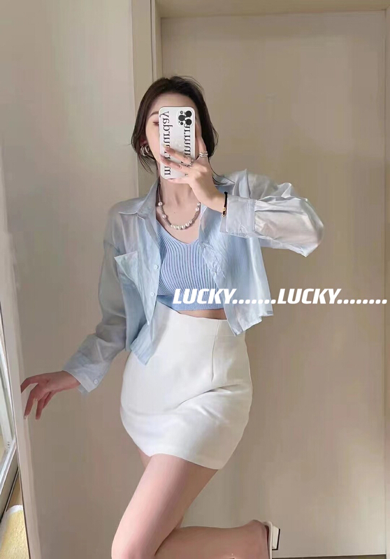 初夏上新!【LUCKY】針織吊帶背心+薄款防曬外套套裝  8685#  ZXX