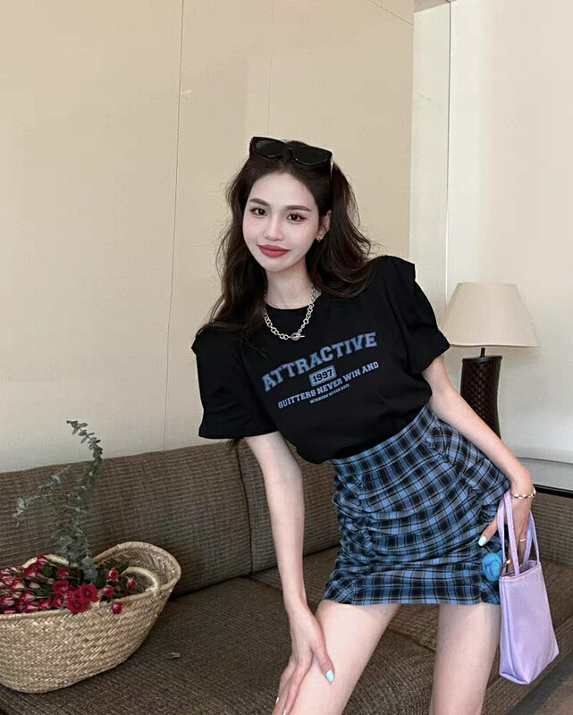 [Huaxi] Korean alphabet printed short sleeve + Korean slim Plaid high waist skirt set 8957# PCZ