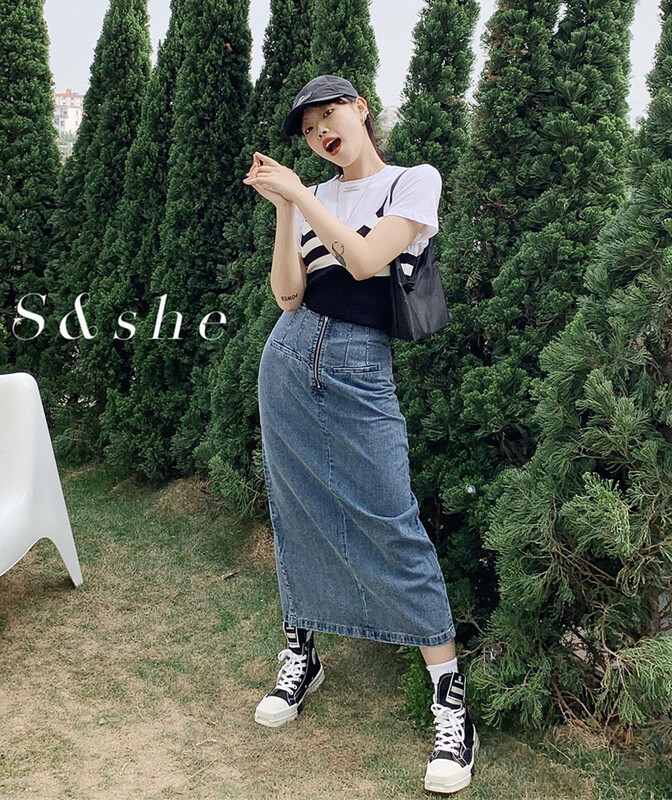 [S & she] round neck clean version versatile short sleeved T-shirt + striped knitted suspender vest set 1137a# XJ