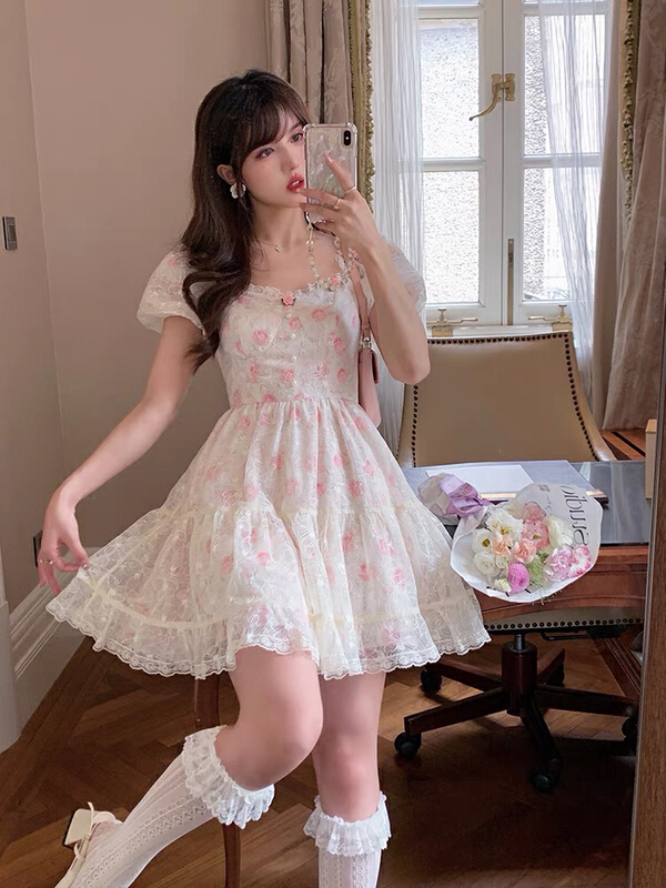 New in early summer! [Huaxi] embroidered lace side Collar Chiffon Dress 8808# PCZ