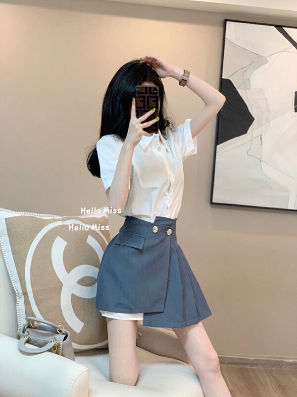 [Hello Miss] solid color medium length shirt + breasted skirt two piece suit (without bag) ys1-2116# PCZ