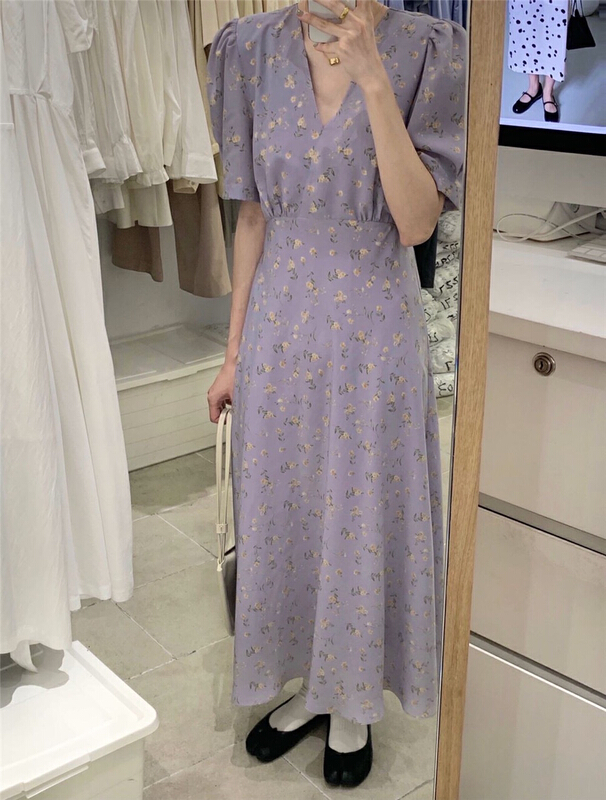 [spinach home] small fresh broken flower V-neck dress 6967# HBx