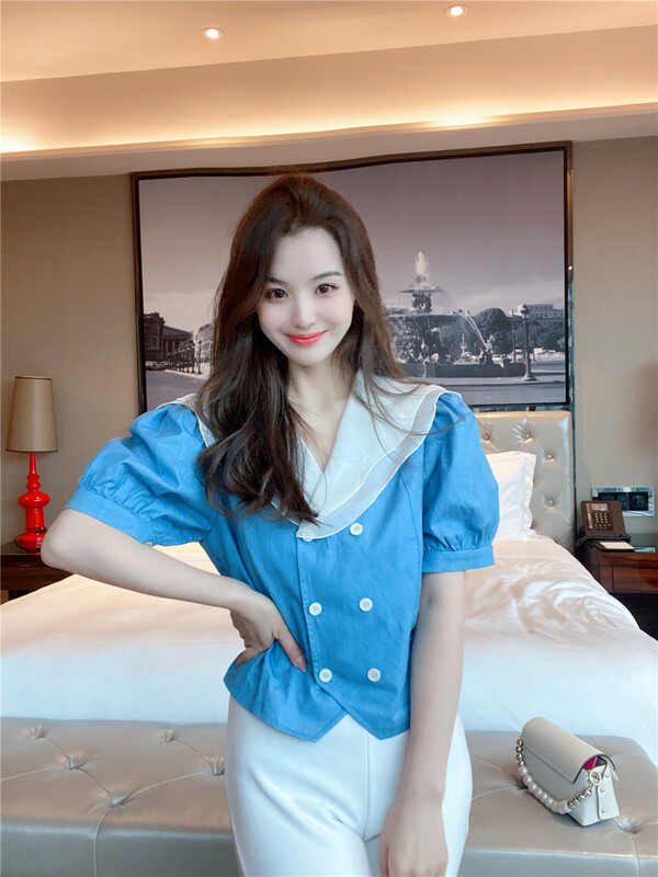 [chuanmujingzi] French lotus leaf collar double breasted short sleeved shirt 3522# WPL