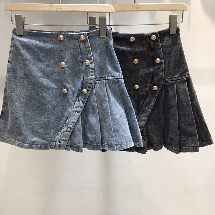 [Danling] double breasted pleated high waist denim skirt 1067# PCZ