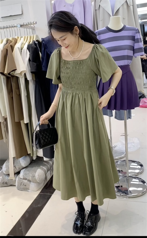 [f.three] French square neck medium length dress 95115# XJ