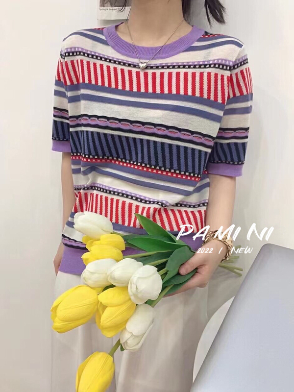 [pamini] Korean loose and thin round neck color stripe sweater 8350# Cl