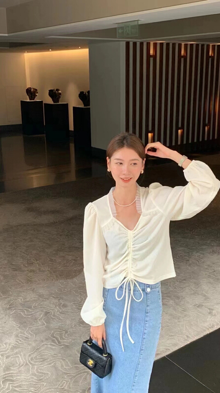 [Alibaba] drawstring pleated foreign style versatile Bubble Sleeve Chiffon shirt a1051# hjy