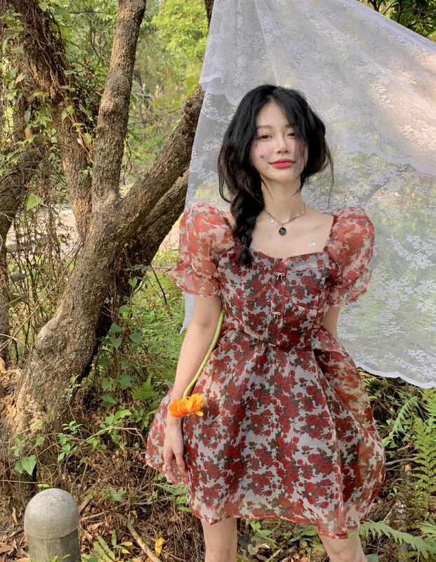 goods in stock! New in early summer! [dolly] Vintage bubble sleeve rose floral high-grade gas dress 2221# LSW